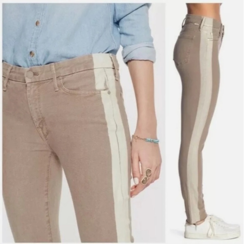 MOTHER Beige Ankle Cropped Jeans with Cream Side Stripe